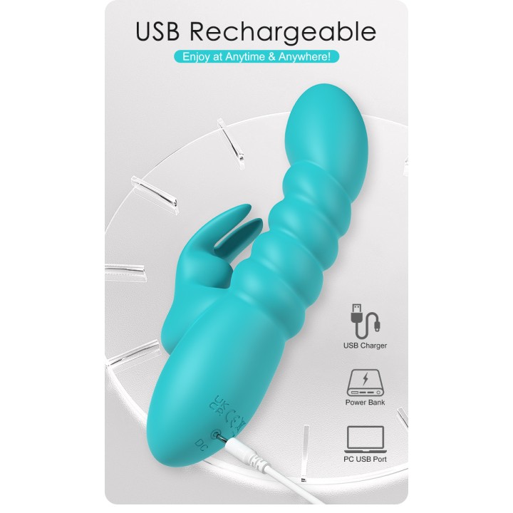 Party Up wibrator silikonowy typ króliczek ładowany usb kolor turkusowy Bryunlun