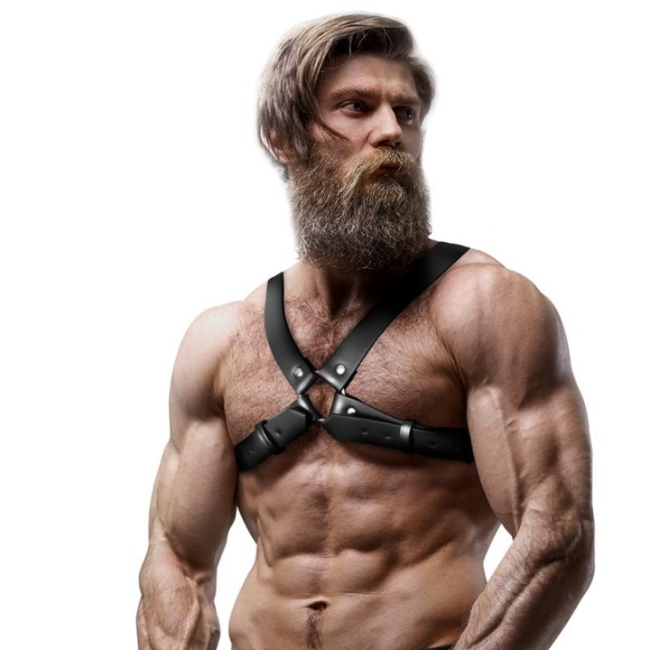FETISH SUBMISSIVE ATTITUDE - MENS ADJUSTABLE ECO-LEATHER CROSS CHEST BULLDOG HARNESS