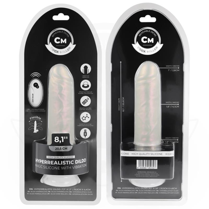 COCK MILLER - DILDO WITH SUCTION CUP, LIGHTS AND VIBRATION WITH REMOTE CONTROL WHITE 20.5 CM