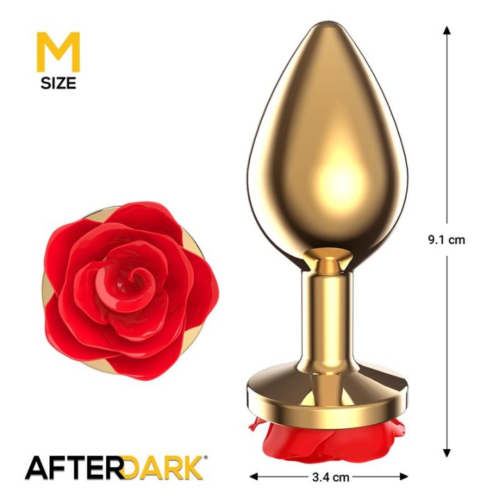 Golden Metal Anal Plug with Red Rose Base - Size M