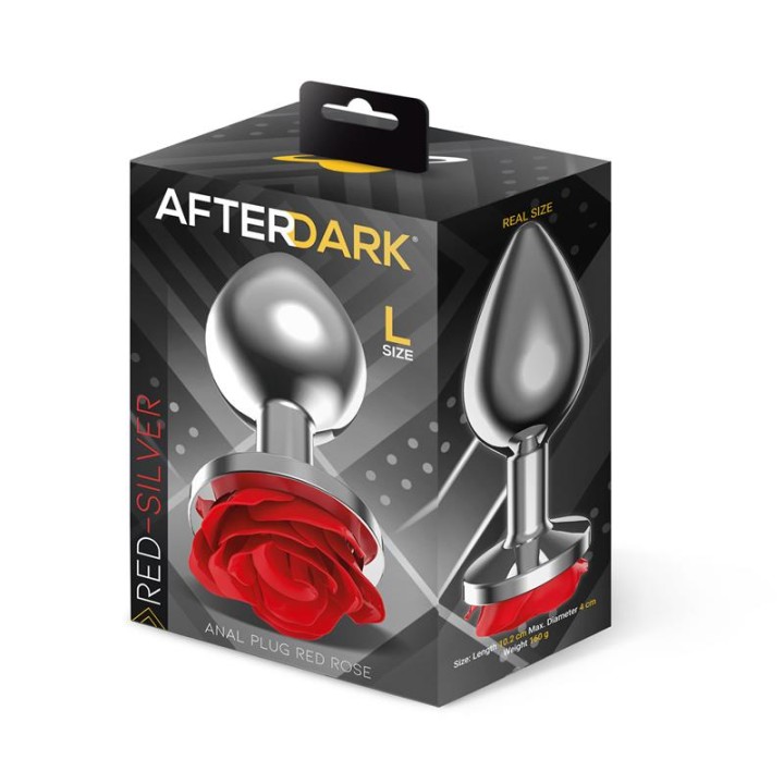 Silver Metal Anal Plug with Red Rose Base Size L