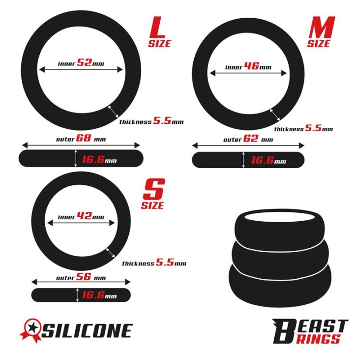 Zestaw 3 silikonowych pierścieni S M L – BEAST RINGS