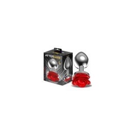 Silver Metal Anal Plug with Red Rose Base Size L